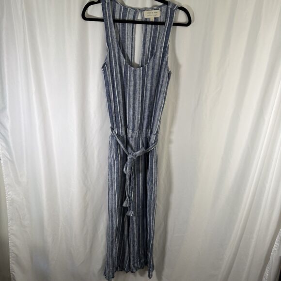 Cloth and Stone Linen Blend Romper Women's Small Blue Striped Open Back Tie - Picture 1 of 13